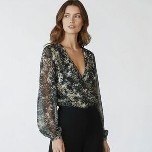 Halston Wrap Blouse Womens Large Black Gold Marble Metallic NWT Keyhole Back